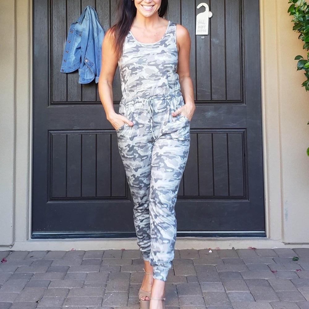 Camo drawstring waist jogger tank jumpsuit